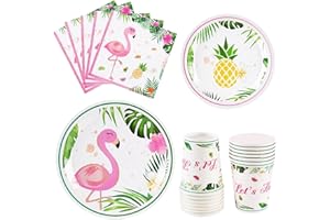 WERNNSAI Flamingo Party Deko – Flamingo Geburtstags Dekorationen Kinder Mädchen Rosa Tropische Servietten Teller Becher Geschirr Set Geburtstagsparty Poolparty Dekorationen Zubehör 16 Gäste 64PCS