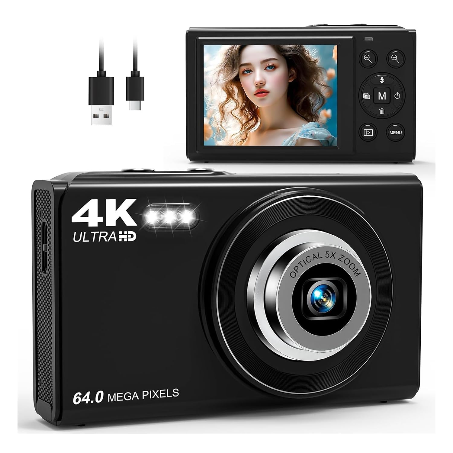 LEQTRONIQ Digital Camera for Photography, 4K, 64MP Camera for YouTube& Vlogging, 5X Optical Zoom Compact Vlog Travel Camera with WiFi,