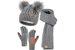 Winuesa Mütze, Schal & Handschuh-Sets für Damen, Beanie Mütze Damen Winter mit Bommel Fleece Gefütterte, Touchscreen Handschuhe Schal Cap 3 in 1 Set