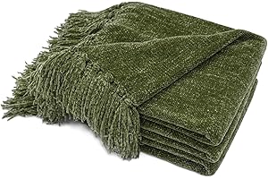 RECYCO Chenille Throw Blanket with Tassels Soft Cozy Sofa Chair Bed Gift, 203x152cm, Olive Green