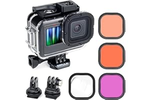GEPULY Boîtier étanche de 60 m avec filtres de plongée pour GoPro Hero 9 10 11 12 Noir, Coque de Protection sous-Marine avec 3 filtres Rouge, Tuba, Magenta, 5 filtres HD Gros Plan