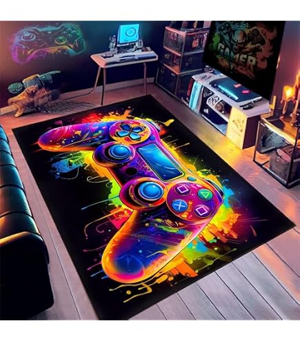 YMYNY Tapis de chambre à coucher moderne Gamer 3D Controller Adolescent Garçon Tapis de salon antidérapant Graffiti Console de jeu Décor 80 x 120 cm Neon Sets 3