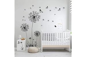 Diko Wandtattoo Pusteblume, Schmetterling Wandsticker, Löwenzahn Wandaufkleber, Wandsticker Wohnzimmer modern Pflanzen Blumen Löwenzahn Schmetterlinge (Schwarz)
