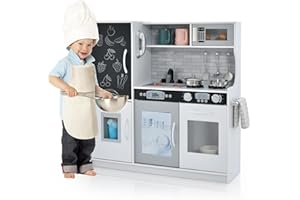 RELAX4LIFE Cocina Juguete con Pizarra, Sonidos Reales, Teléfono, Estufas, Lavavajillas, Máquina de Hielo y Horno, Cocinita Infantil con Accesorios Completos para Niños 3-6 Años (Blanco)