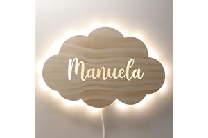 DEHOME - Lámpara de Pared Infantil Personalizada LED - Diseño de Globo Nube Estrella Sol - Luz Nocturna de Madera para Bebés y Niños - Regalo Original y Decoración para Habitación Infantil (Nube)