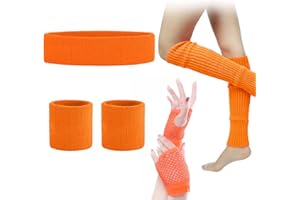 SPOKKI Leg Warmers Fishnet Gloves Headband Wristbands Neon Set, 80s Women Fancy Dress Costume Accessories, 1980s Retro Theme Party Costumes