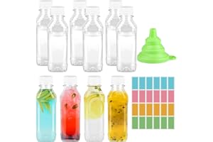 FAMCUCHE 10 Pcs 230ml Plastic Juice Bottles with Lids, Clear PET Square Shot Bottles with Labels and Funnel, Leak-Proof Small Bottles with Lids, Reusable Juice Bottles for Smoothie Juice Beer Milk