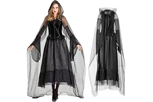 LXWINNER Geisterbraut Königin Kostüm,Böse Königin Umhang Abendkleid,Halloween Kostüm Damen Geist,Hexen Schwarze Robe,Lange Vampir Umhang mit Kapuze,Halloween Kostüm Damen Hexe,für Fasching Halloween Maskerade