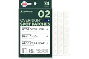 ‎CARASEOUL Caraseoul über Nacht Pickel-Patches – Stärker & Haftfester, 2 Größen Hydrocolloid, mit Bakuchiol & Aloe Vera, Korean Skincare, Dermatologisch Getestet, Pimple Patches (74 Stück)