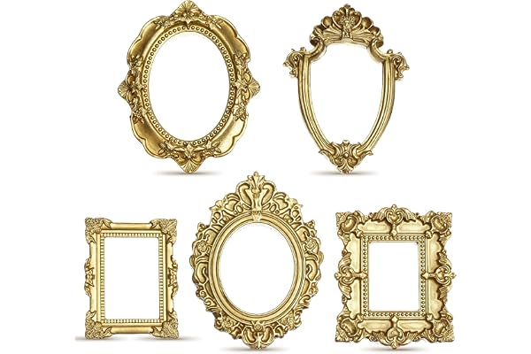 Ouligay 10 st mini guld fotoramar 3,5 x 2,5 cm vintage små antika hartsramar oval rektangel vägghängande display bordsram för gör-det-själv-smycken jul fest hotelldekor