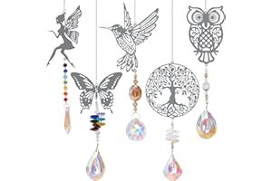 LoQuick Lot de 5 Attrape-Soleils en Cristal, Suncatcher Pendentif, Soleil Cristal Décoration, Cristal Ornement Capteur, Décorations de Pendentif en Cristal de Fée, Papillon, Hibou, Arbre, Colibri
