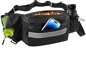 Razobws Borsa Porta Snack per Cani, Marsupio Impermeabile Multifunzionale con Dispenser Integrato e Strisce Riflettenti, Grande Capacità Borsa per Cani Addestramento e Passeggiate, Nero