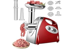 OAMGER Hachoir Viandes Électrique, 2800W Hachoir Électrique, 3 en 1 Hachoir à Viande Acier Inoxydable avec 3 plaques de Broyage en Acier Inoxydable et Kubbe, Hachoir a Viande pour Légumes Saucisses (Rouge)