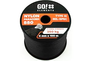 GO!elements 100m Paracorde en Ficelle Nylon - 4mm Paracorde 550 Typ III Corde - approprié en Fil de Peche Nylon, Filet éthologique, etc. | Max. 250kg, Couleur:Noir