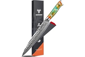 SANMUZUO Coltello da intaglio da 20 cm, coltello per affettare la carne, coltello giapponese per sushi - acciaio damasco martellato e manico in resina - Serie YAO
