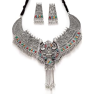 Shining Diva Fashion Latest Stylish Traditional Oxidised Silver Necklace Jewellery Set for Women (13116s)