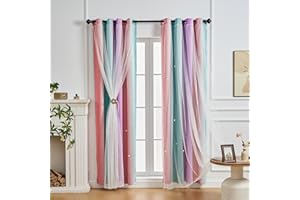 NETMEO Star Fantasy Curtains, Children's Room, Bedroom Darkening Curtains, Living Insulation, Girl's Room Gradient (Pink Purple Green, W52×L84×1P)