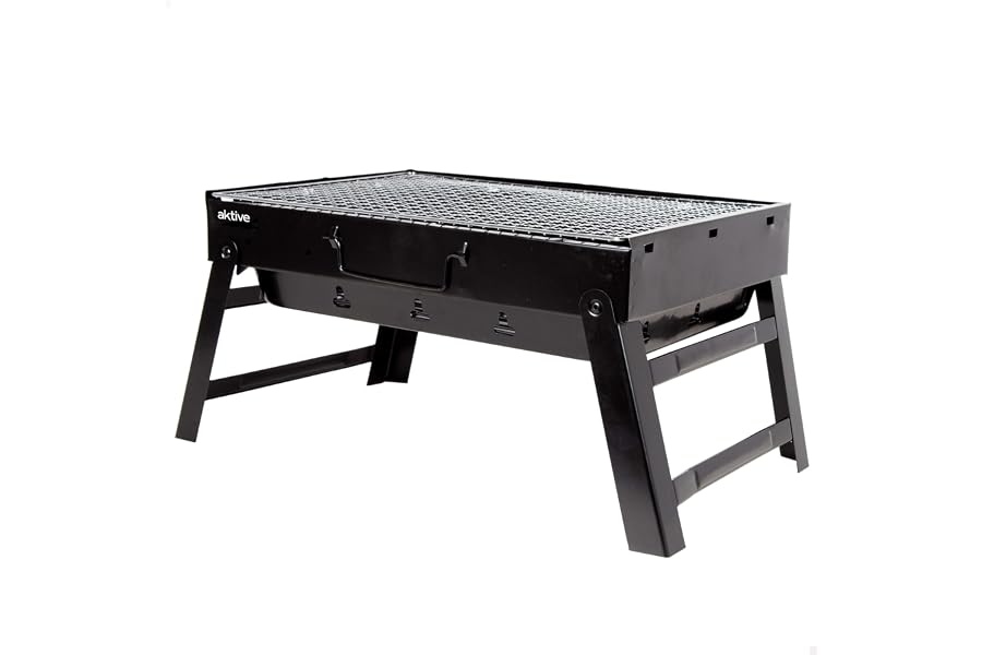 AKTIVE 63032, Barbacoa Portátil a carbón de acero Negra y rectangular, plegable, Medidas 43 x 29 x 22 cm, Con asa, fácil de t