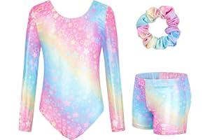 JiAmy Trykoty gimnastyczne dla dziewcząt, z długim rękawem, błyszczące, do tańca, z szortami, balet, strój dla dzieci w wieku 3-12 lat