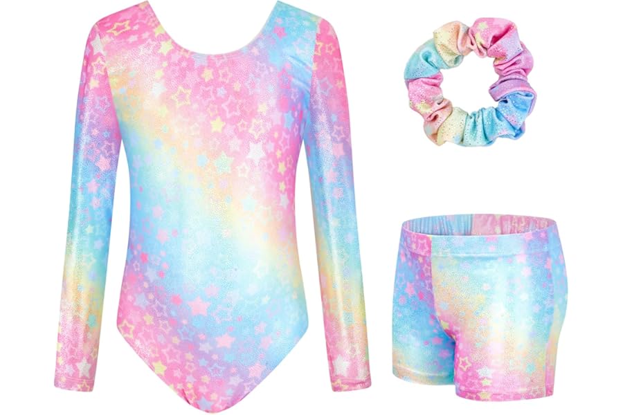 JiAmy Gymnastics Leotards for Girls with Shorts Set, Long Sleeve Kids Gymnastics Athletic Outfit for Kids 3-12 Years