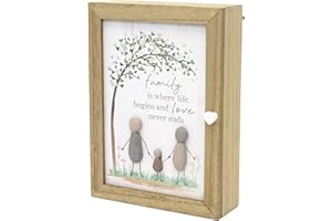 Carousel Home Pebble Family Key Box | Shabby Chic Wooden Family Tree Key Cabinet | Wall Mounted Key Cupboard With 6 Key Hooks Key Holder - 19x26cm