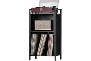 YAHARBO Record Player Stand, 3-Shelf Black Vinyl Record Holder with Storage, Record Stand, Vintage Turntable Stand Holds Up to 100 Albums, Record Table with Handle for Living Room, Bedroom, Office