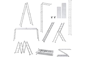 XMTECH Escalera plegable de 470 cm con plataforma de aluminio, escalera multifunción 6 en 1, escalera de pie de aluminio, 4 x 4 peldaños, color plateado