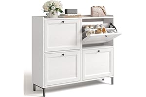 Bealife Zapatero Estrecho, Zapatero 4 Puertas para Entrada o Pasillo Abatibles y Estantes Ajustables para 16 Pares de Zapatos, 99.3x24x91 cm, Color Blanco