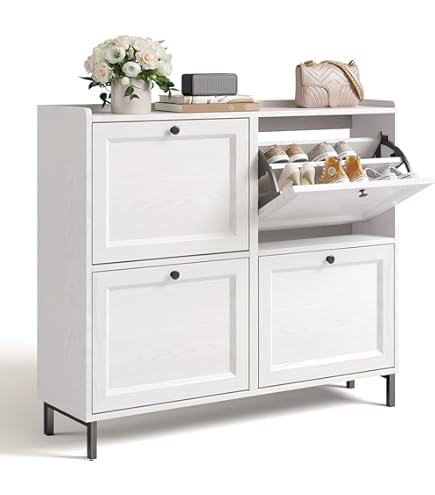 SoBuy Schoenenkast voor de entree kast – ultradun, 19 cm, verticaal/horizontale montage, opslag van schoenen en kleine voorwerpen – MDF E1, wit, 35 kg, 50 x 19 x 100 cm, FSR204-W
