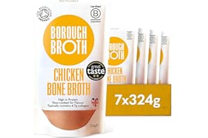 Organic Chicken Bone Broth by Borough Broth - High in Collagen for Healthy Skin & Joints - High Protein, Low Calorie, Gluten Free, Free Range - Perfect for Gravy & Soups - Delivered Chilled, 7 x 324g