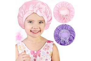 kurkip 2 Piezas Gorros de satén para niños, Lindo Gorro para Dormir con Lazo Gorro Bebe, Bebe Silk Bonnet con Banda Ancha Elástica, Gorro de Dormir para el Cabello Natural para niñas (Rosa + Morado)