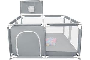 XUANYU Parc Bebe Modulable 126 x 126 x 66 cm en Tissu Oxford, Parc Enfant avec Barrières, 50 Petit Balles, 8 Ventouses et Panier de Basket, Parcs de Jeux Bébé pour Intérieur/Extérieur (Gris)