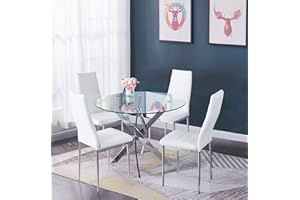 ‎GOLDFAN GOLDFAN Essgruppe mit Glas Runder Esstisch und 4 Weiß Essstühlen Küchentisch für Wohnzimmer Küche Büro