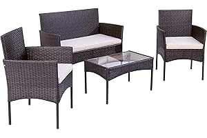 ALLINLIFE Juego de Muebles de Jardín de Ratán, 4 Piezas, Conjuntos de Muebles de Jardín Exterior,2 Sillones, 1 Sofá, Mesa de Cristal Templado
