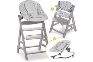 Hauck Seggiolone Alpha Plus Set Premium - Seggiolone Legno Evolutivo da 0 Mesi Sedia Bambini con Sdraietta Dondolo Neonati Reclinabile e Cuscino - Grigio,Grigio