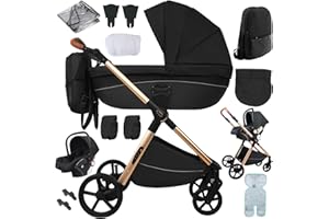 Nine point nine Kinderwagen 3 in 1, Kinderwagen Set mit Umkehrbarem Doppelschiebemodus, Kombikinderwagen 3 in 1 mit Großer Bequemer Babywanne, Kinderwagen Rahmen Aluminiumlegierung (H2 Black)