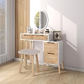 YU YUSING Makeup Vanity Set with Mirror and LED Light, Bedroom Dressing Table 4 Drawers, Removable Nightstand, Stool, Makeup