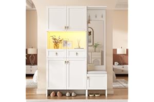 Merax Garderobenschrank, Flurgarderobe mit Schuhbank, Schuhschrank und großem Stauraum, Garderobenset mit LED, 2 Schubladen, 5 Türen, 3 Haken und 1 Spiegel, Garderobenständer für Eingangsbereich, Weiß