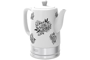 BELLA Czajnik elektryczny - ceramiczny podgrzewacz wody z odłączaną obrotową podstawą, automatyczne wyłączanie i zabezpieczenie przed gotowaniem, pojemność 1,5 l, czarny kwiatowy