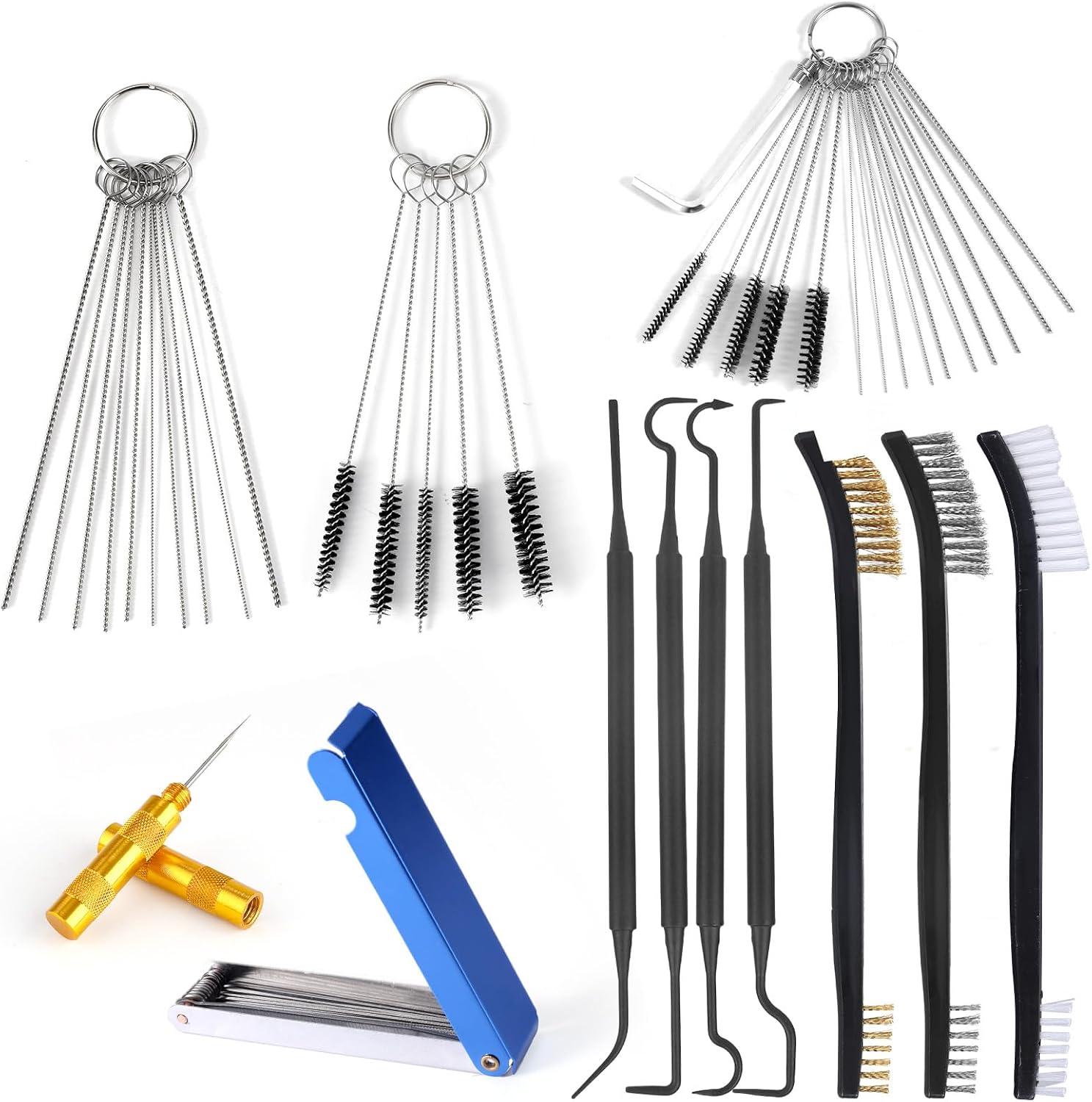 Carburetor Cleaning Kit, 3 Double Head Brushes 32 Needles 10 Nylon Brushes 4 Hooks 1 Scraper 1 Wrench Jet Cleaner for Spray Carburettor Motorcycle Engine Airbrush Throttle Body Torch Tip Carb Tool
