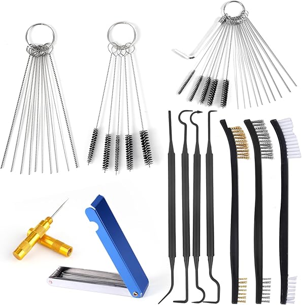Carburetor Cleaning Kit, 3 Double Head Brushes 32 Needles 10 Nylon Brushes 4 Hooks 1 Scraper 1 Wrench Jet Cleaner for Spray Carburettor Motorcycle Engine Airbrush Throttle Body Torch Tip Carb Tool