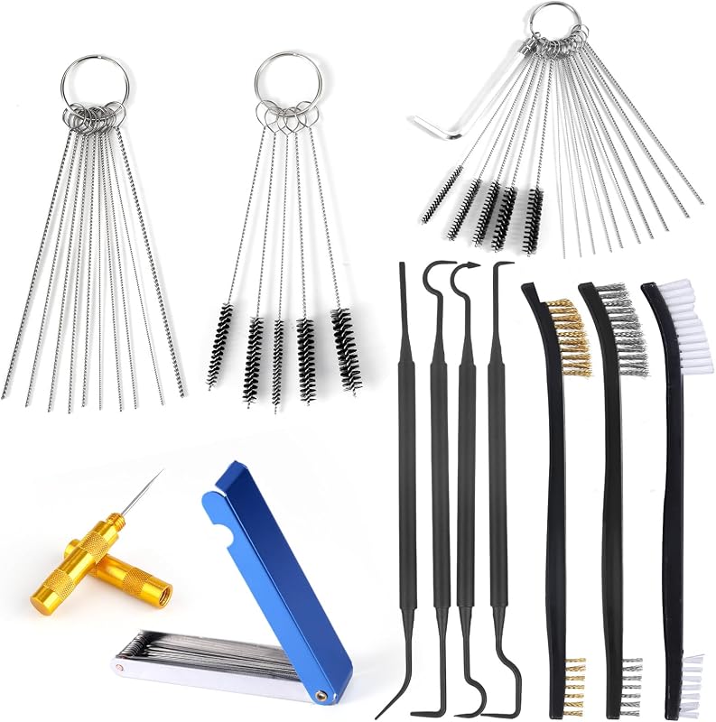 Carburetor Cleaning Kit, 3 Double Head Brushes 32 Needles 10 Nylon Brushes 4 Hooks 1 Scraper 1 Wrench Jet Cleaner for Spray Carburettor Motorcycle Engine Airbrush Throttle Body Torch Tip Carb Tool
