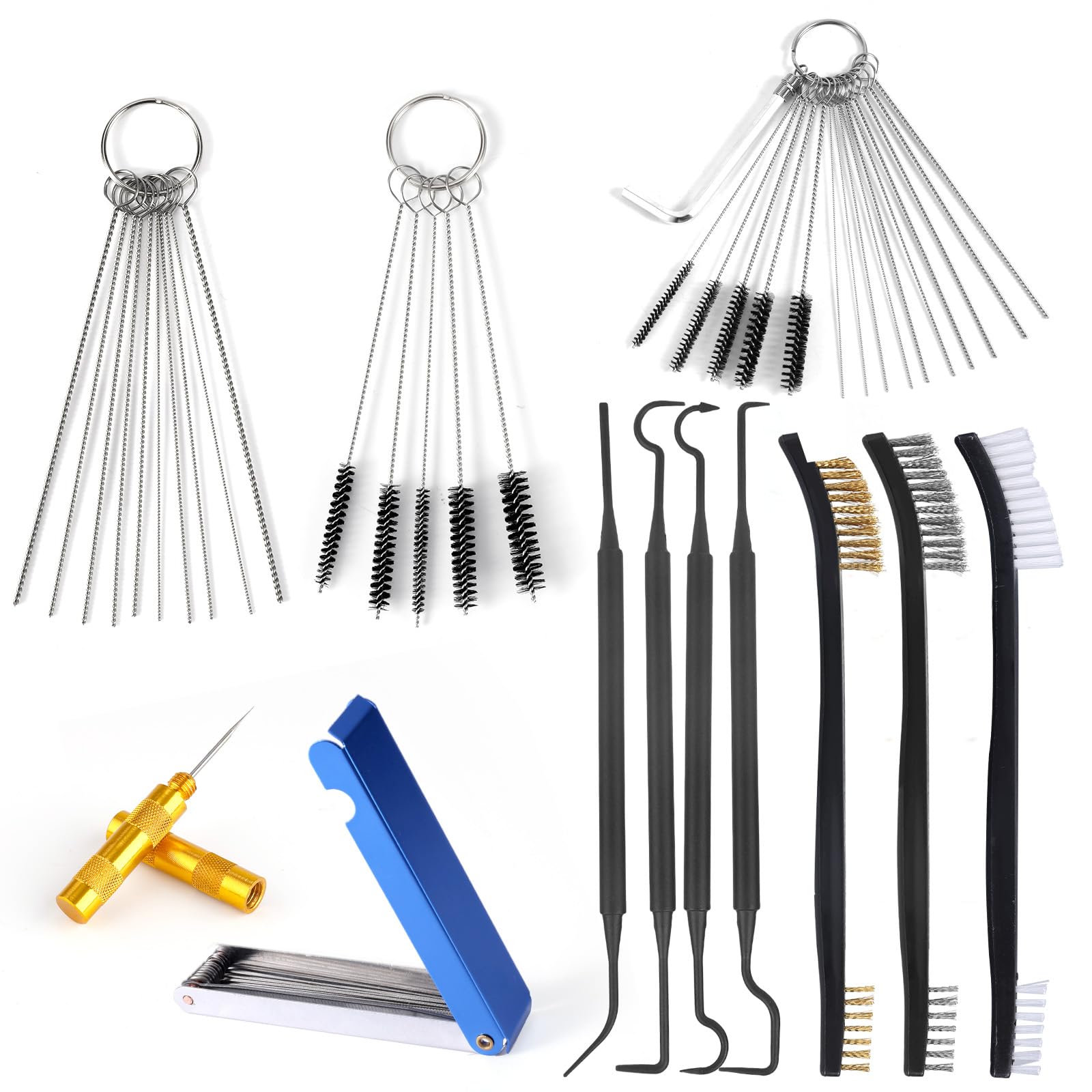 Carburetor Cleaning Kit, 3 Double Head Brushes 32 Needles 10 Nylon Brushes 4 Hooks 1 Scraper 1 Wrench Jet Cleaner for Spray Carburettor Motorcycle Engine Airbrush Throttle Body Torch Tip Carb Tool - 1