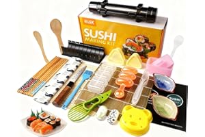 IELEK Sushi Making Kit, Pro Sushi Maker Bazooker Roller Kit with Guide Includes Bamboo Mat, Cutting Mold, Sushi Knife, Onigiri Mold, Chopsticks, Sauce Dishes, Rice Spreader&More All You Need DIY Sushi Gift