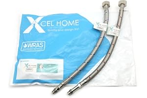 Xcel Home Connettore per tubo flessibile | tubo lavandino miscelatore monoblocco | Tubo intrecciato in acciaio inox | 10 mm (M10) x 1/2" BSP 300 mm di lunghezza, foro interno 9 mm - 1 coppia