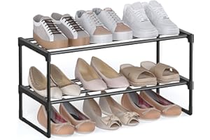 ‎SONGMICS SONGMICS Stojak na buty 2-poziomowy, metalowy stojak na buty, przechowywanie butów, pionowy lub do góry nogami, na 6-9 par butów, składany, 30 x 68 x 33,8 cm, czarny LSA202B01