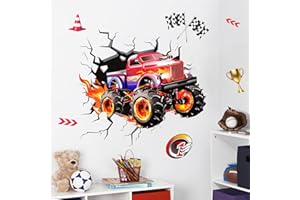 Supzone 3D Racing Car Wall Stickers for Boys Room, Fast Racing Truck Break Through The Wall Vinyl Wall Decals for Kids Room Nursery Playroom Classroom Wall Decor