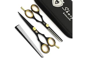 SHARPY - Juego de tijeras de peluquería, tijeras profesionales negras para el cabello y tijeras de adelgazamiento de peluquería para salón - Barberos o uso doméstico - Tamaño ligero y afilado de 5.5