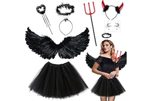 Teufel Kostüm Schwarz Engel Kostüm Damen Mädchen, Engelsflügel Kostüm mit Schwarze Flügel Heiligenschein Zauberstab Teufelshörner Heugabel Tutu Rock, Engel und Teufel Kostüm für Halloween Karneval