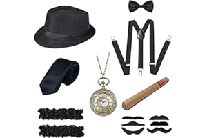 YADODO 20er Jahre Accessoires Herren Set Mafia Kostüm Herren Accessoires 1920er Herren Accessoires Gatsby mit Taschenuhr Gefälschter Schnurbart Hut Fliege Krawatte für Fasching Halloween Party Cosplay
